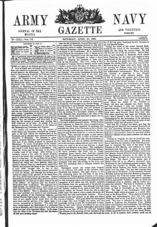 cover page of Army and Navy Gazette published on April 26, 1862