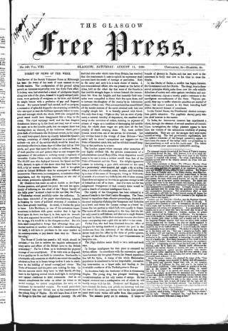 cover page of Glasgow Free Press published on August 11, 1860