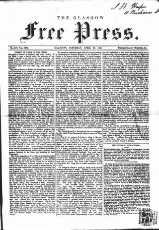 cover page of Glasgow Free Press published on April 27, 1861