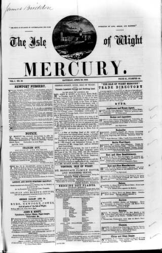 cover page of Isle of Wight Mercury published on April 26, 1856