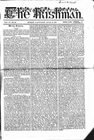 cover page of The Irishman published on April 19, 1862