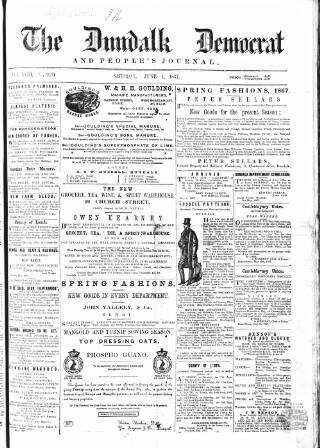 cover page of Dundalk Democrat, and People's Journal published on June 1, 1867