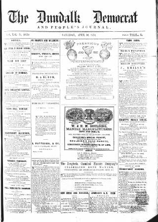 cover page of Dundalk Democrat, and People's Journal published on April 16, 1870