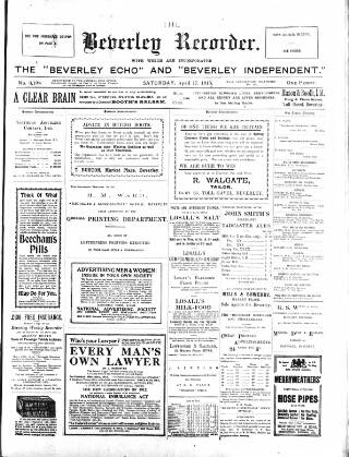 cover page of Beverley and East Riding Recorder published on April 17, 1915