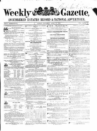 cover page of Weekly Gazette, Incumbered Estates Record & National Advertiser (Dublin, Ireland) published on April 14, 1855