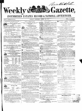 cover page of Weekly Gazette, Incumbered Estates Record & National Advertiser (Dublin, Ireland) published on April 28, 1855