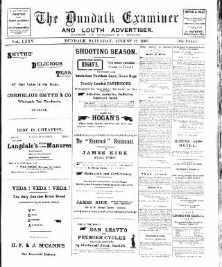 cover page of Dundalk Examiner and Louth Advertiser published on August 12, 1905