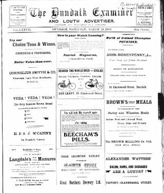 cover page of Dundalk Examiner and Louth Advertiser published on March 28, 1908