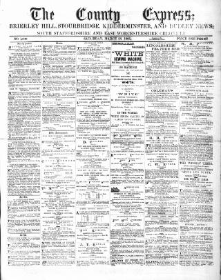 cover page of County Express; Brierley Hill, Stourbridge, Kidderminster, and Dudley News published on March 28, 1885