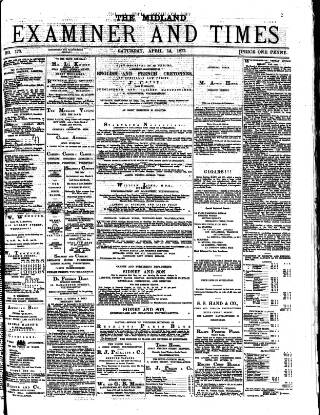 cover page of Midland Examiner and Times published on April 14, 1877