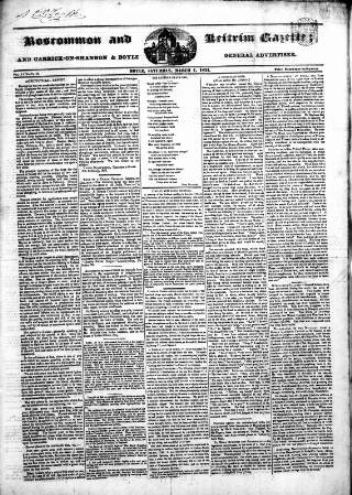 cover page of Roscommon & Leitrim Gazette published on March 1, 1851