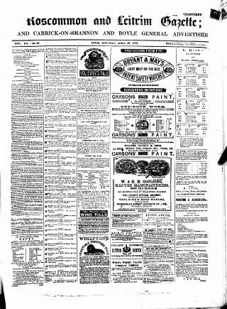cover page of Roscommon & Leitrim Gazette published on April 20, 1872