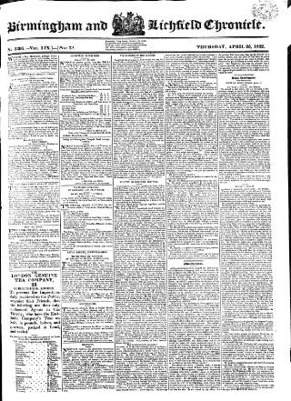 cover page of Birmingham Chronicle published on April 25, 1822