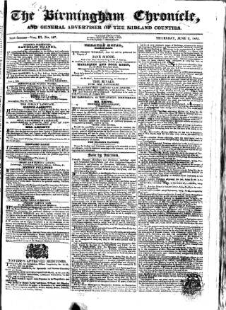 cover page of Birmingham Chronicle published on June 2, 1825
