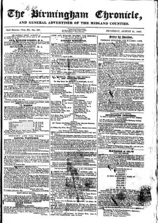cover page of Birmingham Chronicle published on August 11, 1825