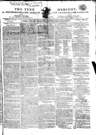 cover page of Tyne Mercury; Northumberland and Durham and Cumberland Gazette published on April 19, 1803