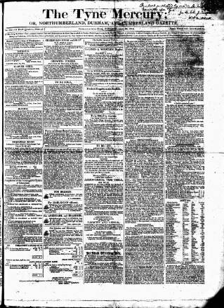 cover page of Tyne Mercury; Northumberland and Durham and Cumberland Gazette published on April 20, 1819