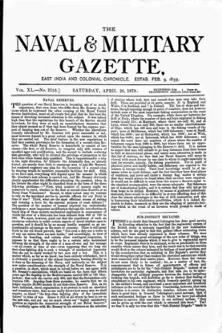 cover page of Naval & Military Gazette and Weekly Chronicle of the United Service published on April 26, 1873