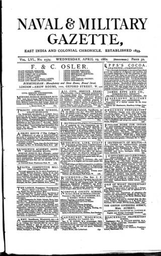 cover page of Naval & Military Gazette and Weekly Chronicle of the United Service published on April 19, 1882