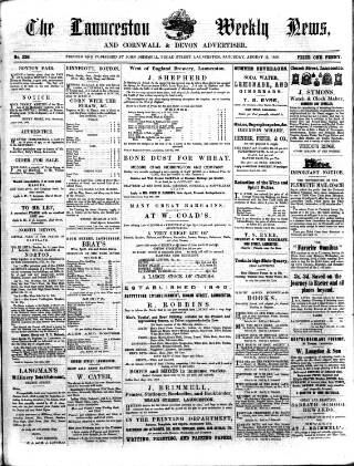cover page of Launceston Weekly News, and Cornwall & Devon Advertiser. published on August 11, 1860