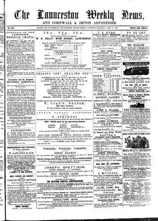 cover page of Launceston Weekly News, and Cornwall & Devon Advertiser. published on April 19, 1862