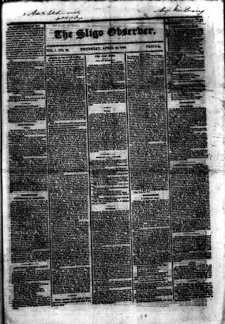 cover page of Sligo Observer published on April 23, 1829