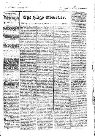 cover page of Sligo Observer published on February 25, 1830