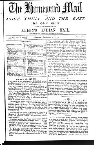 cover page of Homeward Mail from India, China and the East published on December 4, 1893