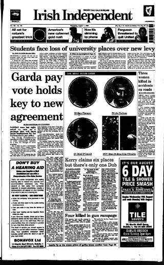 cover page of Irish Independent published on August 11, 1999