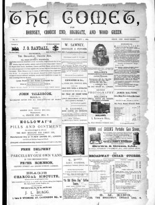 cover page of Comet for Hornsey, Crouch End and Highgate published on January 2, 1889
