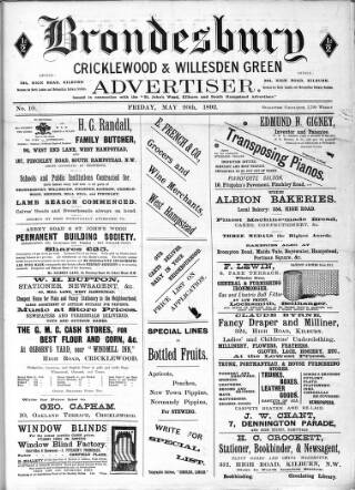 cover page of Brondesbury, Cricklewood & Willesden Green Advertiser published on May 20, 1892