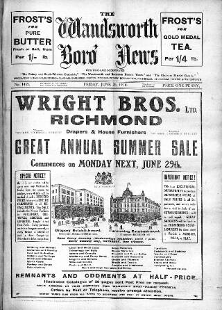 cover page of Wandsworth Borough News published on June 26, 1914