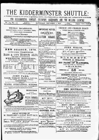 cover page of Kidderminster Times and Advertiser for Bewdley & Stourport published on December 2, 1876