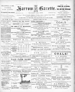 cover page of Harrow Gazette published on March 29, 1907