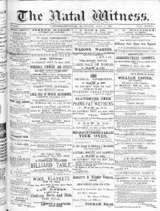 cover page of Natal Witness published on May 2, 1878
