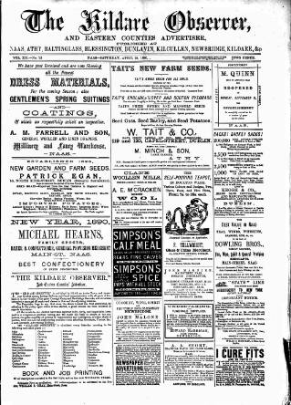 cover page of Kildare Observer and Eastern Counties Advertiser published on April 19, 1890