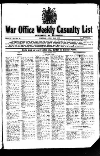 cover page of Weekly Casualty List (War Office & Air Ministry ) published on April 23, 1918