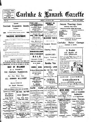 cover page of Carluke and Lanark Gazette published on August 13, 1920