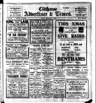 cover page of Clitheroe Advertiser and Times published on December 2, 1938