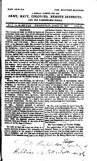 cover page of Military Register published on April 12, 1820