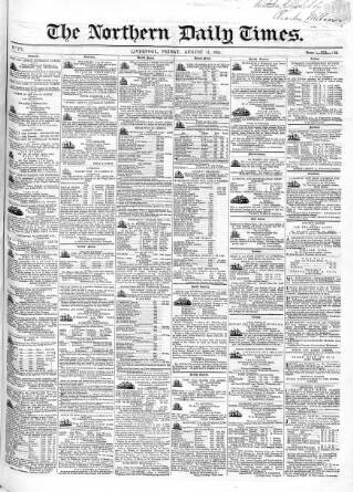 cover page of Northern Daily Times published on August 11, 1854