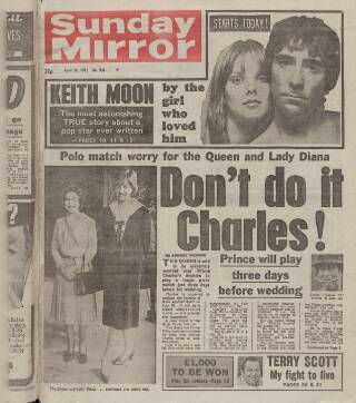 cover page of Sunday Mirror published on April 26, 1981