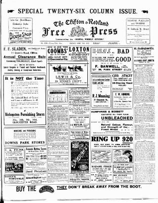 cover page of Clifton and Redland Free Press published on April 16, 1915