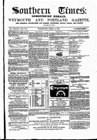 cover page of Southern Times and Dorset County Herald published on April 25, 1857