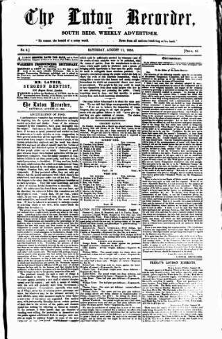 cover page of Luton Weekly Recorder published on August 11, 1855