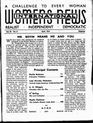 cover page of International Woman Suffrage News published on April 4, 1941