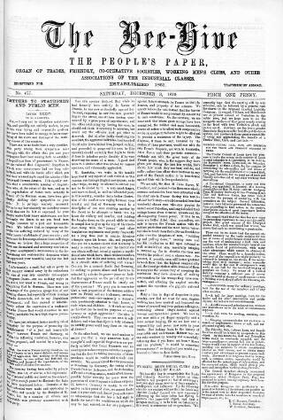 cover page of Bee-Hive published on December 3, 1870