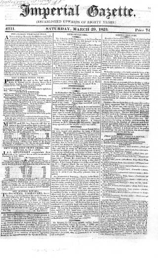 cover page of Imperial Weekly Gazette published on March 29, 1823