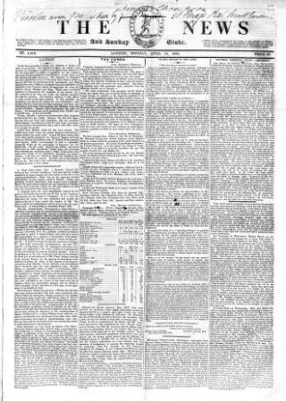 cover page of The News (London) published on April 16, 1838