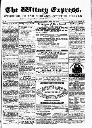 cover page of Witney Express and Oxfordshire and Midland Counties Herald published on April 25, 1872
